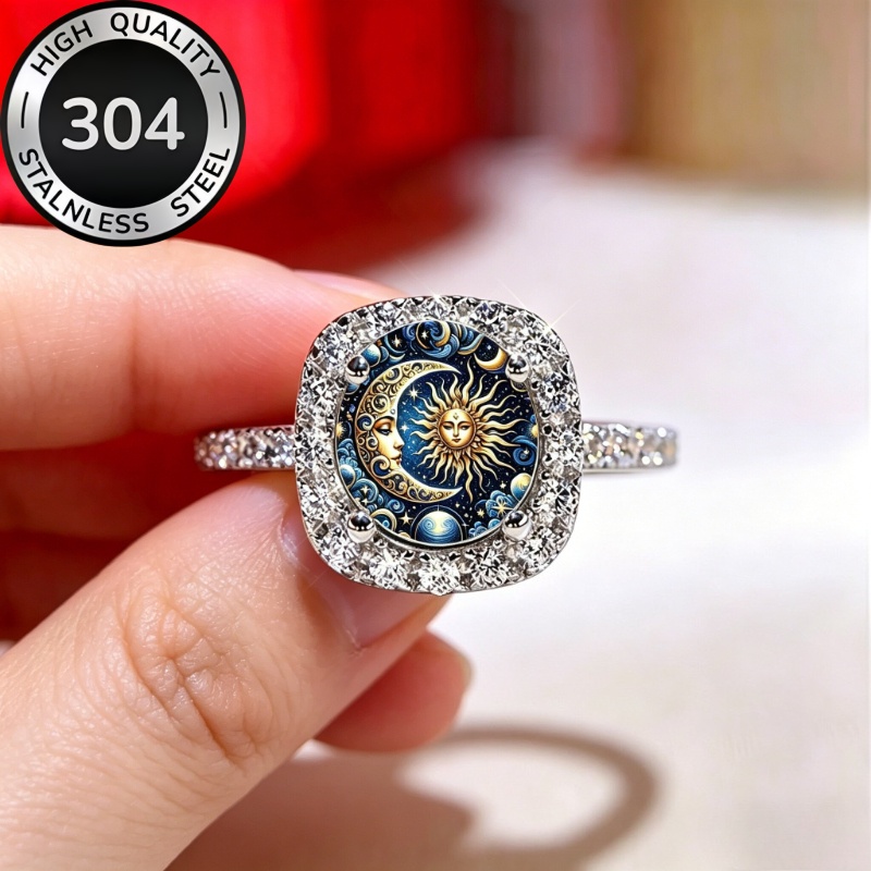 Sun Stars Pattern Square Wide Band Stainless Steel Ring